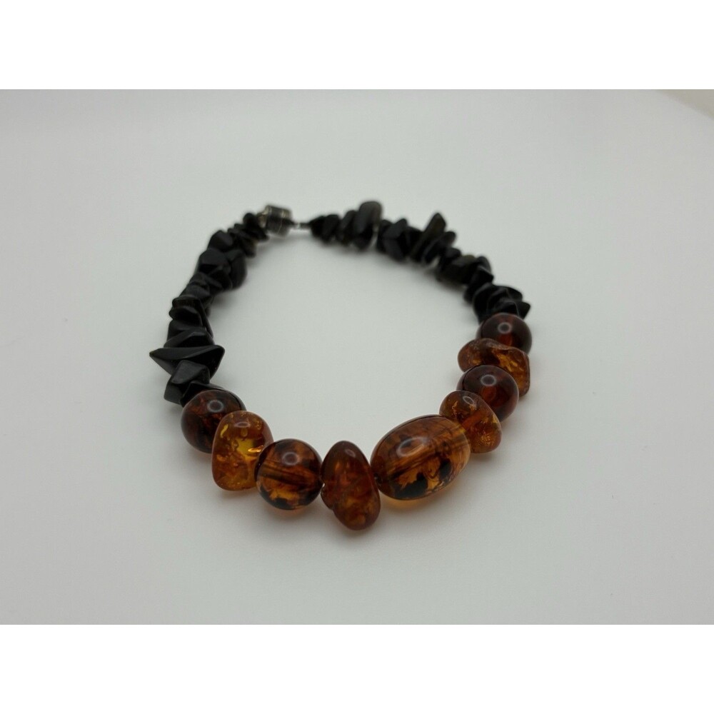 Onyx And Amber Tone Beaded Magnetic Clasp Bracelet 8” VTG Black Orange